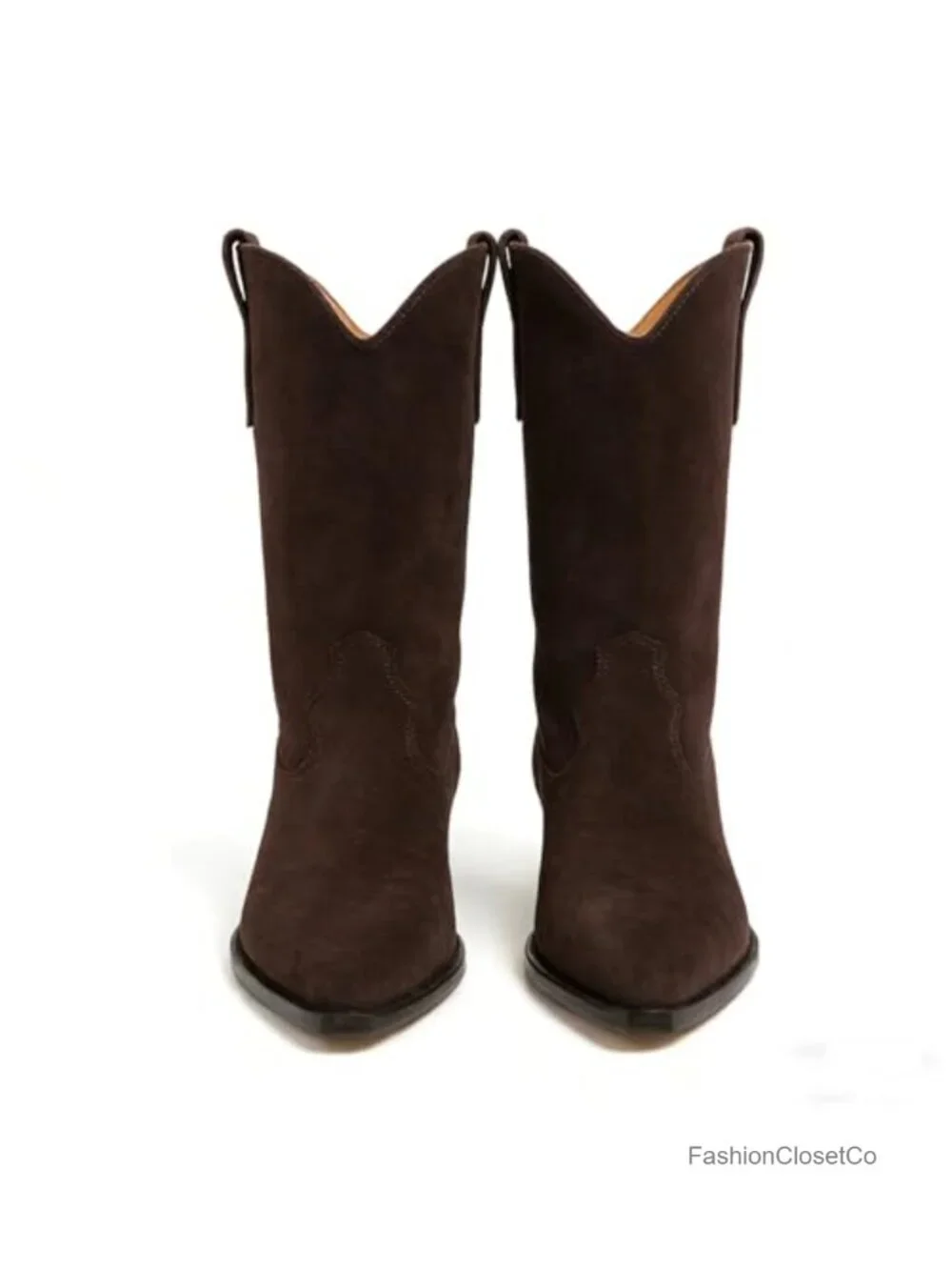 Suede Cowboy Boots Pointed Toe Mid-Calf Western Chunky Heel Pull On Fashion